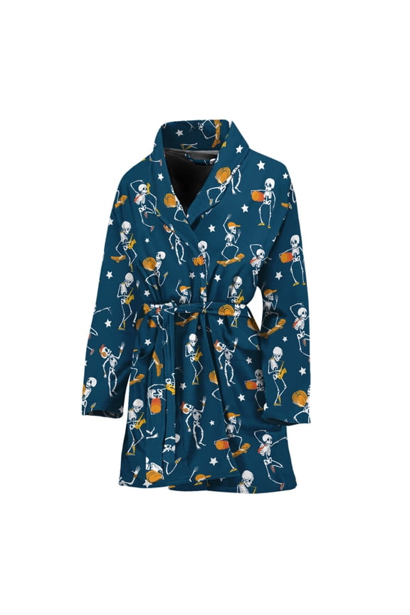 Funny Skeleton Party Pattern Women Bathrobe One Size Univeral Fits, Skeleton Fashion Lightweight Plush Fleece Long Robe For Women