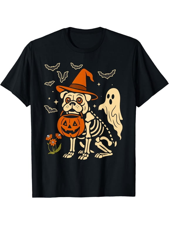 Funny Skeleton Pug Witch Hat Pumpkin Ghost Halloween Art T-Shirt- Classic halloween shirt Unisex 100% Cotton T-Shirt Breathable Casual Everyday Wear Affordable t shirts