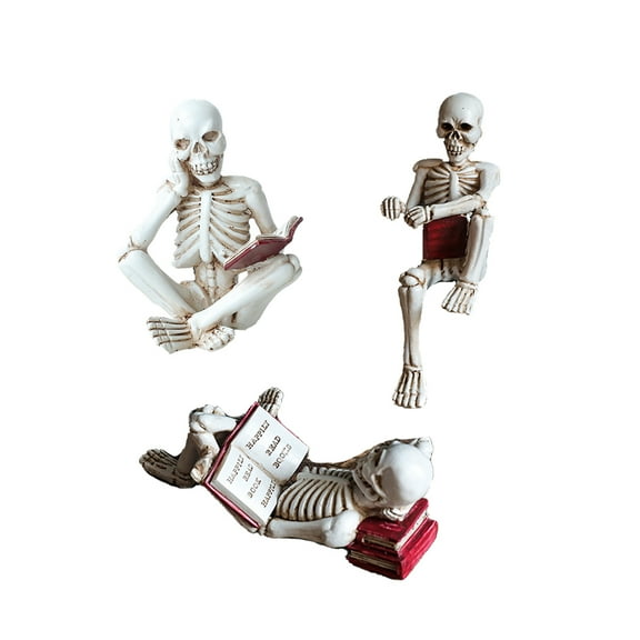 Funny Skeleton Reading Figurine Set Resin Skeleton Statues for Halloween Decor, Spooky Book Lover Shelf Decorations, Gothic Skull Statue for Office, Home, or Library 3 Poses