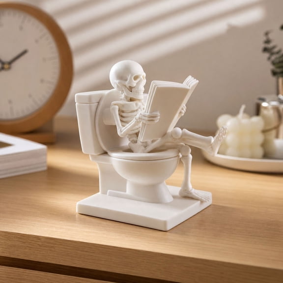 Funny Skeleton Reading On Toilet Figurine Desk Ornament Spooky Statue Decor For Home Bathroom Halloween 1 Count