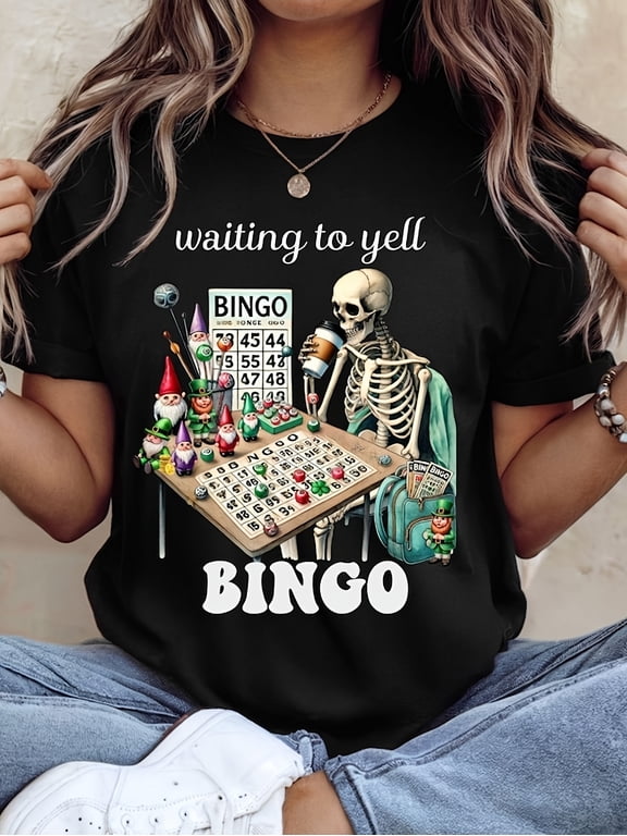 Funny Skeleton Waiting To Yell Bingo T-Shirt Retro Garden Gnome Graphic Tee Vintage Humor Men Women Casual Apparel