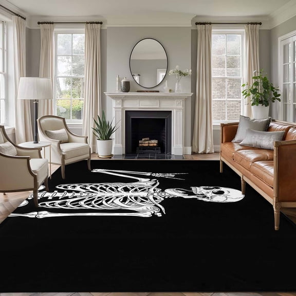 Funny Skeleton Washable Living Room Rugs 6'x9', Black Skull Horror Night Abstract Art Low Pile Throw Large Area Rug Non-Slip Sturdy Edge Binding Carpet for Dining Room Kitchen Office