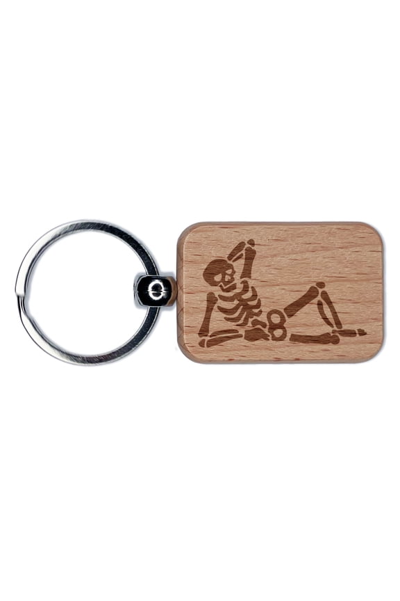 Funny Skeleton in Seductive Recline Pose Rectangle Keychain Charm Tag - Engraved Wood