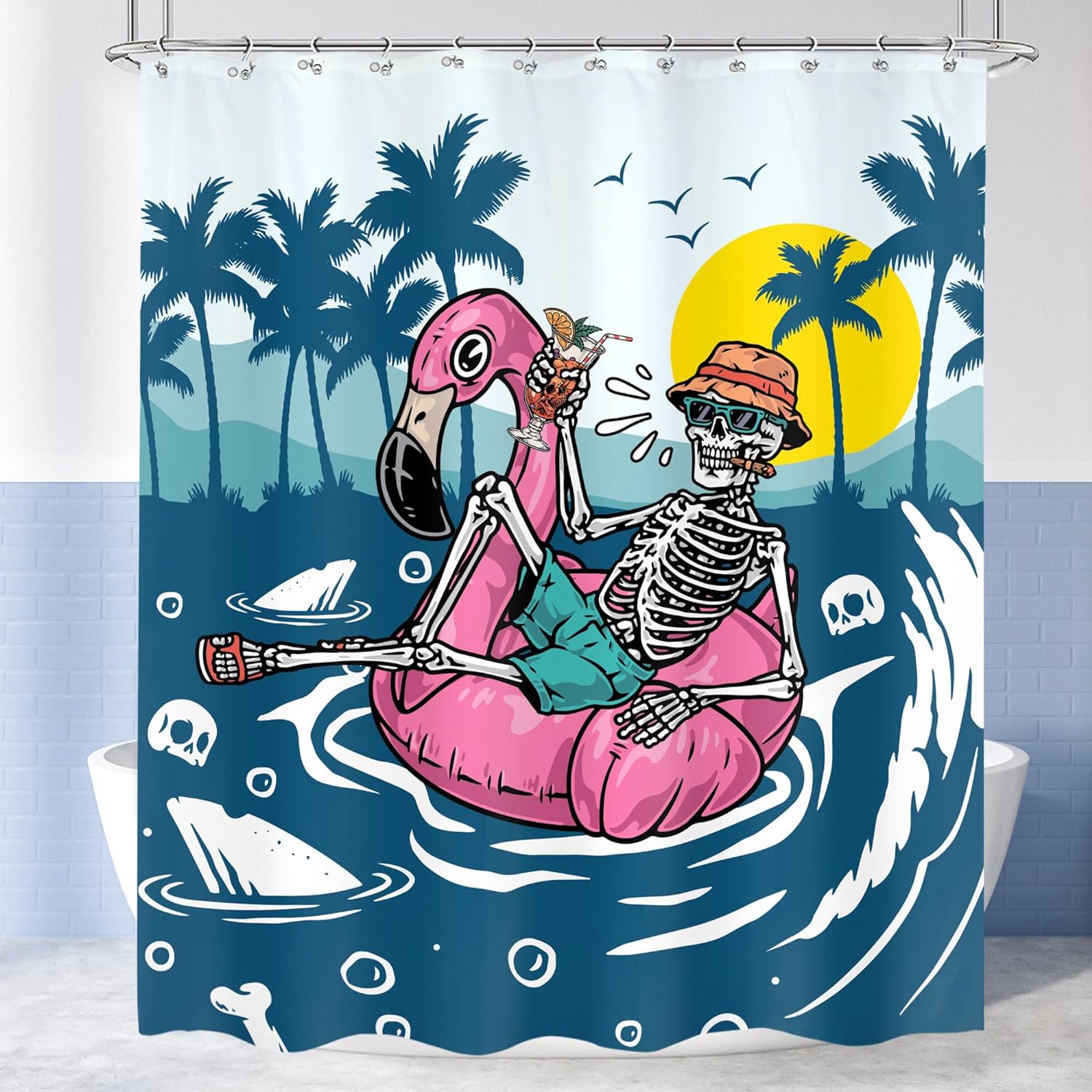Funny Skull Shower Curtain 60Wx72H Beach Tropical Nautical Bathroom ...