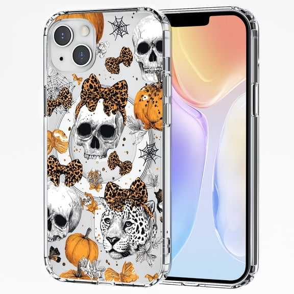 Funny Skull Skeleton Case for iPhone 14 Pro Max Halloween Pumpkin Clear Phone Cover Compatible with Mag Safe Wireless Slim Vintage Goth Bow Shell NoYellow Shockproof Protective