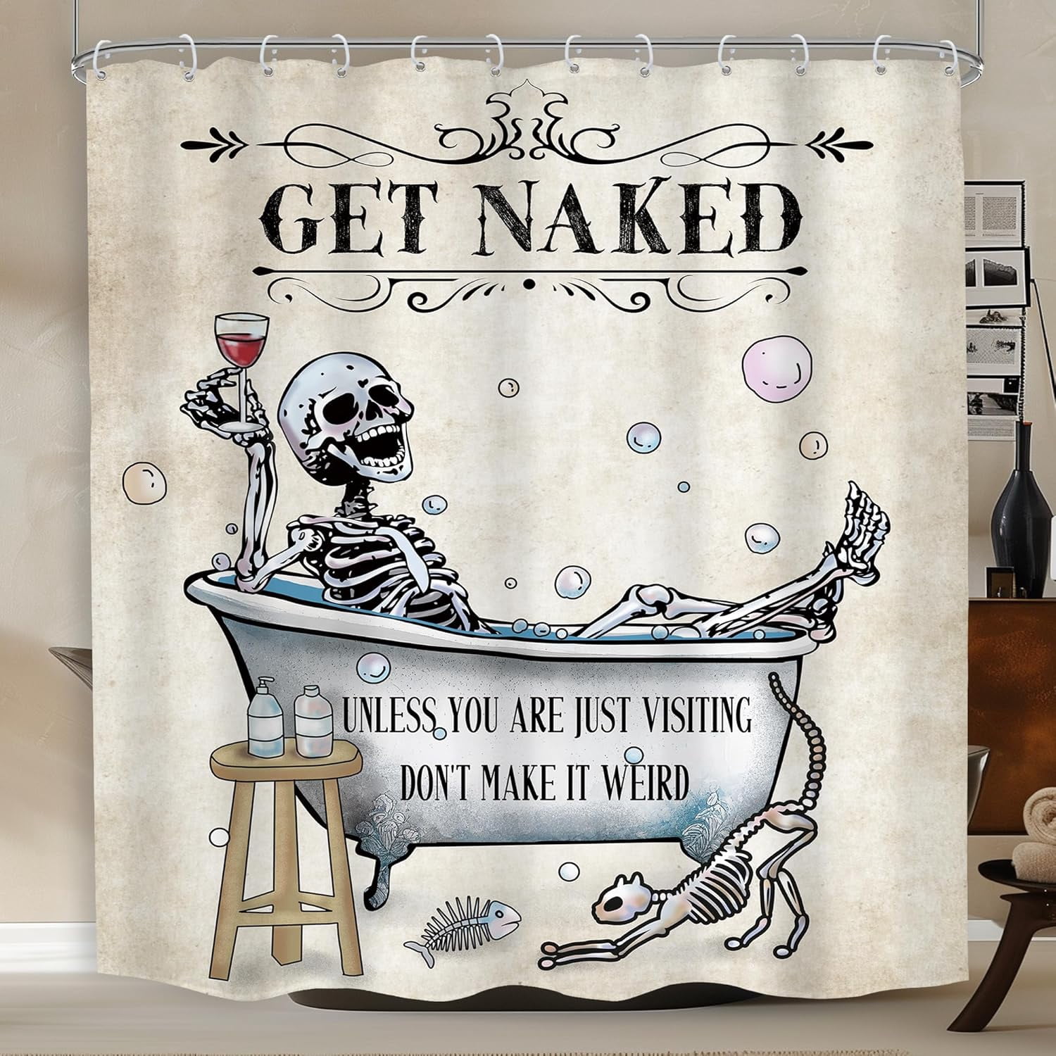 Funny Skull Skeleton Shower Curtain 72"W x 72"LGothic Spooky Bone in Bathtub Halloween Vintage Cat Fish Bubbles Horror Scary Bathroom Decor Unique Cool Bath Curtain Fabric Polyester 12 Pack Hooks