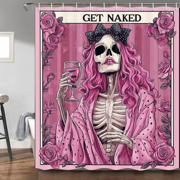 Funny Skull Skeleton Shower Curtain Pink Halloween Gothic Halloween Shower Curtain Red Rose Floral Red Wine Girl Horror Scary Bathroom Shower Curtain 60x72in