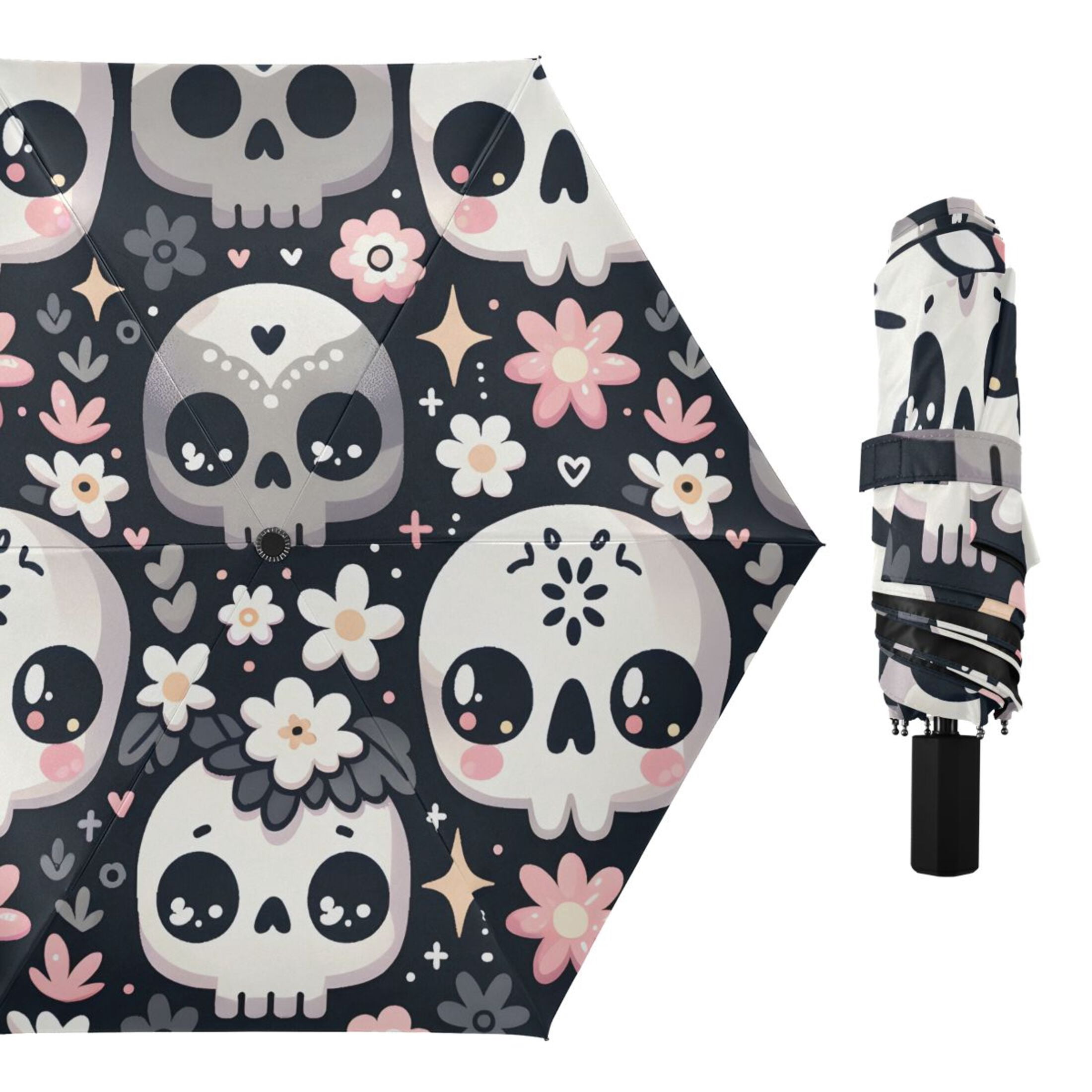 Funny Skull with Flower Compact Sun Umbrella Windproof Travel Umbrellas for Rain Strong Portable UV Protection