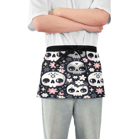 Funny Skull with Flower Server Apron with 3 Pockets Waterproof Waitress Waist Short Apron for Man Woman 12 Inches