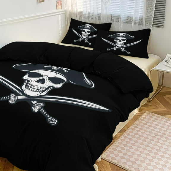 Funny Skull with Pirate Hat Duvet Cover King&Queen Size Soft 3 Pieces Set 1 Duvet Cover and 2 Pillow Shams with Zipper Closure 86"x70"