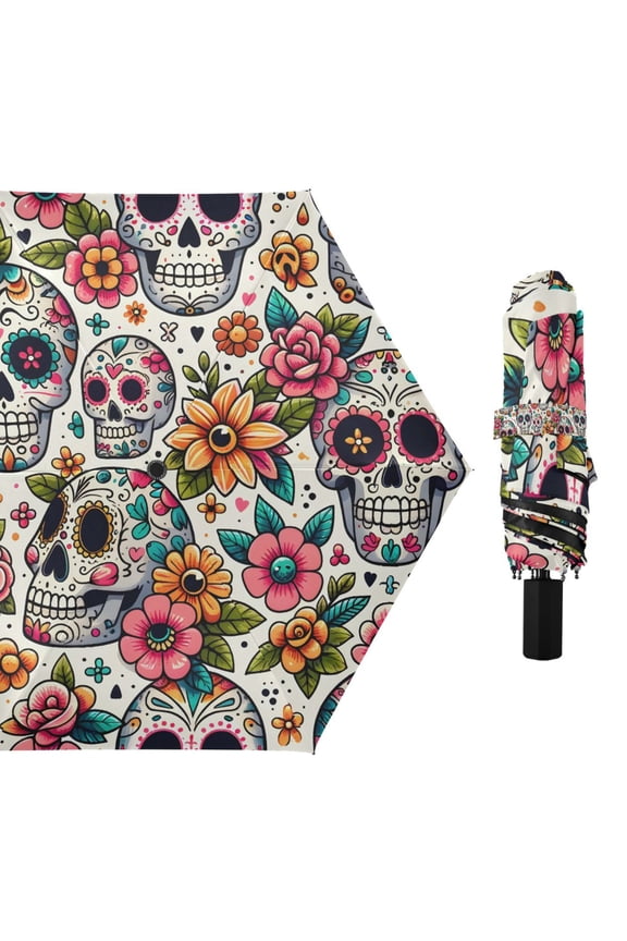 Funny Skulls with Flower Compact Sun Umbrella Windproof Travel Umbrellas for Rain Strong Portable UV Protection