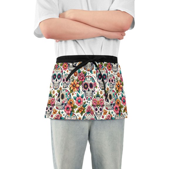 Funny Skulls with Flower Server Apron with 3 Pockets Waterproof Waitress Waist Short Apron for Man Woman 12 Inches