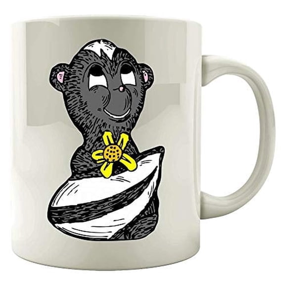 Funny Skunk 11 oz Coffee Mug - Holding Flower and Smiling White Ceramic Gift