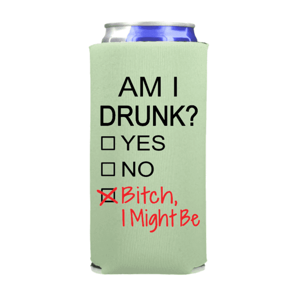 Funny Slim Can Cooler, Am I Drunk, Spiked Seltzer Drink Accessory Gift Ideas, Skinny Coolie Gift (Mint)