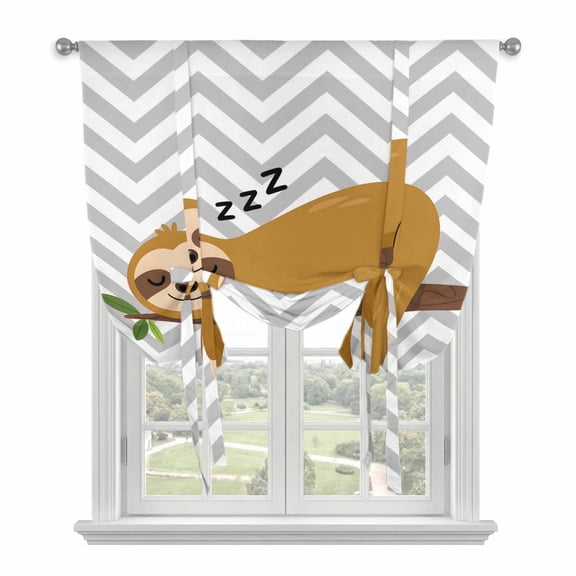 Funny Sloth Balloon Curtains for Windows, Bedroom Curtains 54 Inch Length, Cute Watercolor Animals on Branch Grey Stripe Tie Up Curtains Panels Thermal Insulated Bathroom Curtains Window 42"x54"