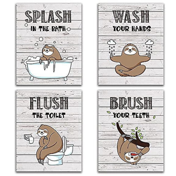 Funny Sloth Bathroom Decor Wall Art Sign, Novelty Rustic Farmhouse Wood Sloth Bathroom Rules Wall Art for Kids, Nursery, Wash Brush Flush, 4set,8?X10? Unframed