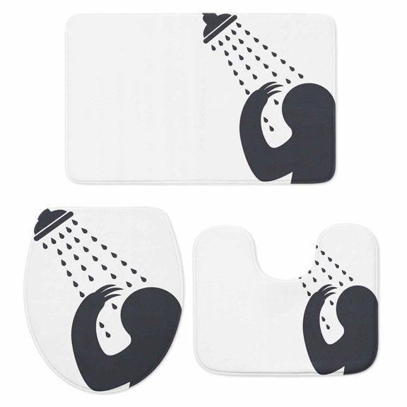 Funny Sloth Bathroom Rugs Set Sloth Bathing Shower Animal Silhouette Non Slip Absorbent Soft Bath Mats 3 Piece Set with Bathroom Rug, U-Shaped Floor Mat, Toilet Seat Cover Small Size