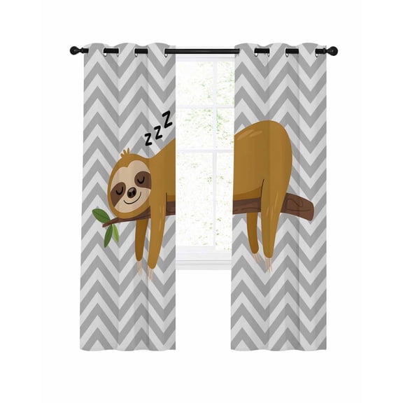 Funny Sloth Blackout Curtains, Light Blocking Print Window Curtains, Cute Watercolor Animals on Branch Grey Stripe Thermal Insulated Window Drapes for Living Room 2 Panels, 84"W x 84"L