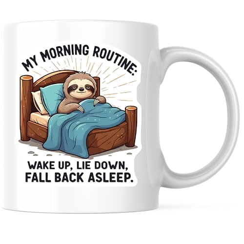 Funny Sloth Coffee Mug - Morning Routine Mug - Sloth Lover's 11 Ounce Cup - Cute Cartoon Sloth Design - Funny Wake Up Quote - Premium Ceramic - Design Printed On Both Sides - BMCM04148