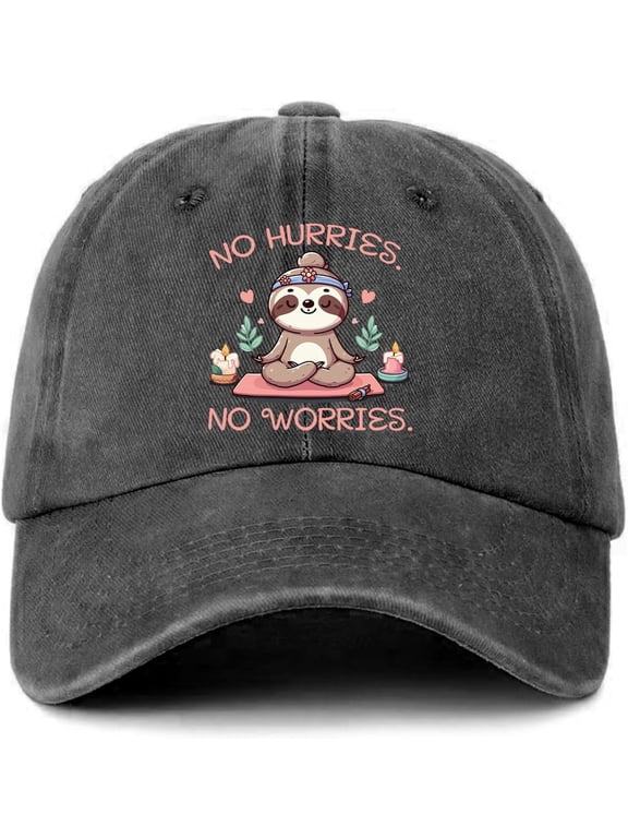 Funny Sloth Distressed Washed Black Baseball Cap No Hurries No Worries Printed Baseball Cap