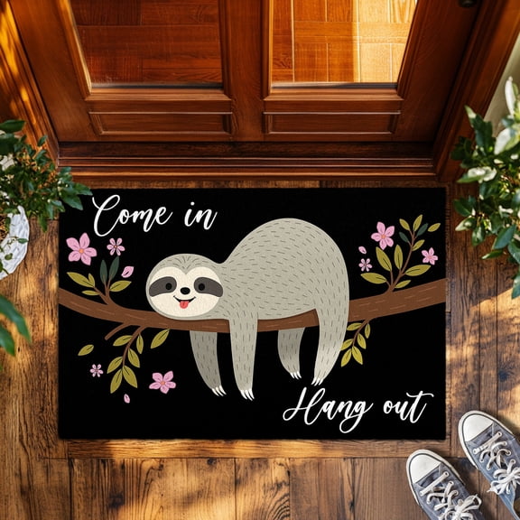 Funny Sloth Doormat, "Come Hang Out" Welcome Mat for Indoor & Outdoor Use, Home & Office, Durable & Easy to Clean