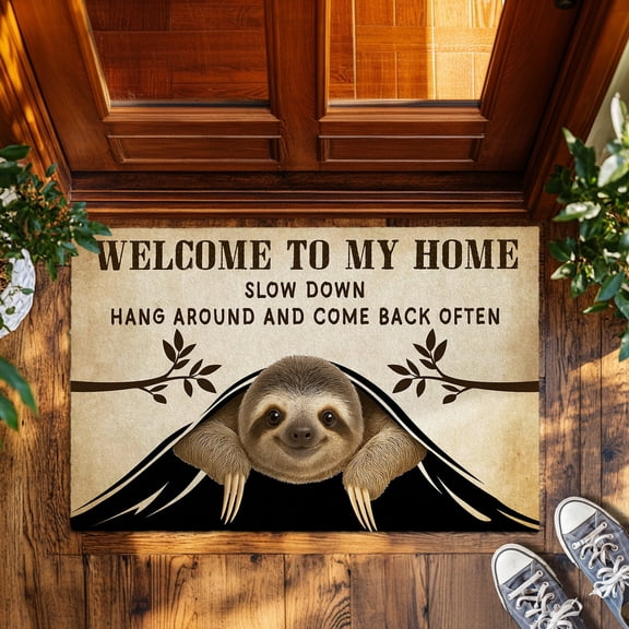 Funny Sloth Doormat, "Welcome to My Home, Slow Down, Hang Around & Come Back Often" Welcome Mat for Indoor & Outdoor Use, Durable & Easy to Clean