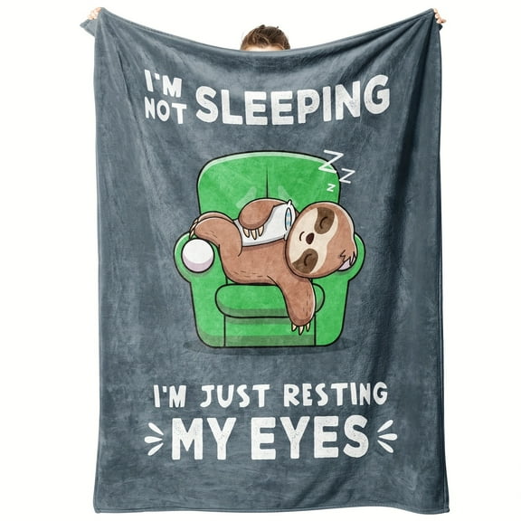Funny Sloth Fleece Blanket for Men "I'm Not Sleeping I'm Just Resting My Eyes" Design Cozy Multi-Purpose Throw for Dad Grandpa Husband or Uncle Dark Gray with Light Blue & Green