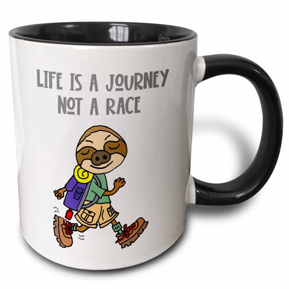 3drose, Funny Sloth Hiker Says Life Is a Journey Not a Race Hiking Cartoon, 15oz Two-tone Black Mug