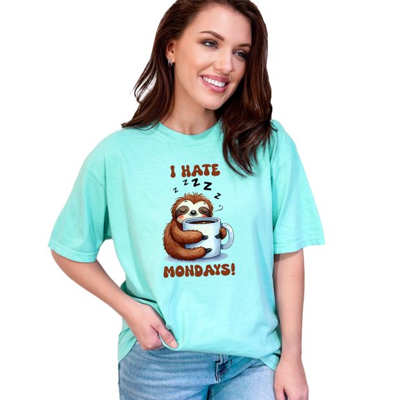 Funny Sloth I Hate Mondays T-Shirt, Cute Coffee Lover Sloth Shirt, Adorable Weekend Mood Tee, Lazy Day Graphic T-Shirt, Trendy Humor Top, Chalky Mint Comfort Colors T-Shirt, Large