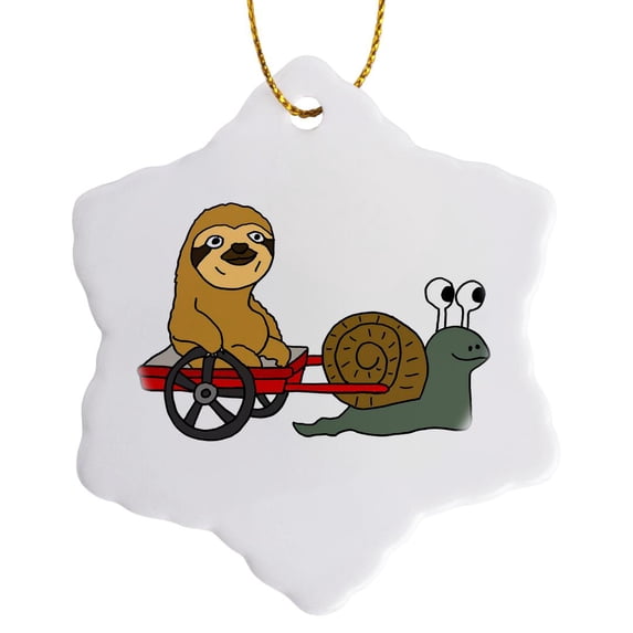 3drose, Funny Sloth in Red Wagon Pulled by Snail, 3 inch Snowflake Porcelain Ornament