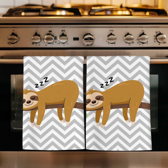 Funny Sloth Kitchen Towels Set of 2, Cute Watercolor Animals on Branch Grey Stripe Absorbent Dish Towels for Kitchen, Microfiber Hand Towel, Quick Drying Tea Towel for Cleaning Decorative Dishcloths