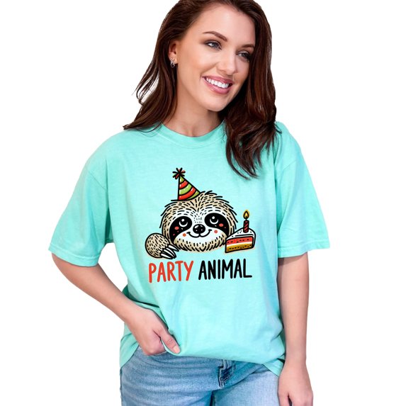 Funny Sloth Party T-Shirt, Cute Animal Birthday Tee, Happy Sloth with Cake Graphic, Party Animal Celebration Shirt, Chalky Mint Comfort Colors T-Shirt, 3XL