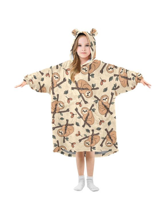 Funny Sloth Pattern Kids Wearable Blanket Hoodie Toddler Oversized Sherpa Sweatshirt 3-14 YR S