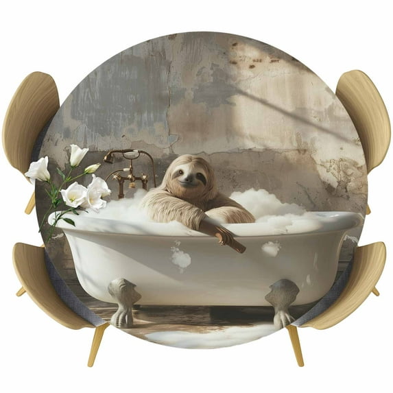 Funny Sloth Round Tablecloth 55-60 Inch Round Fitted Table Cloth with Elastic Edge, Vintage Painting Bathing Animal Brown Shabby Chic Waterproof Table Cover Protector for Outdoor Picnic Party Dining
