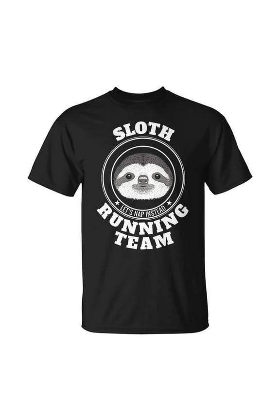 Funny Sloth Running Team Graphic Tee for Nap Lovers Unisex Adult Cotton Humor T-Shirt Casual Lounge Wear for Lazy Day Outfits, Size S, Color Black