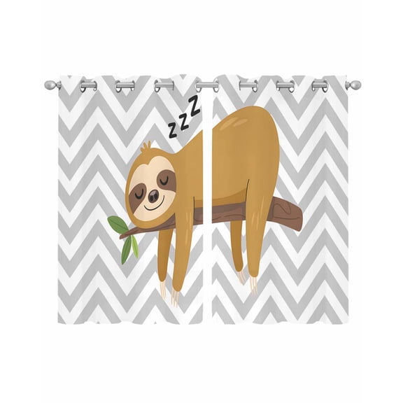 Funny Sloth Sheer Curtains 45 Inch Length 2 Panels Set for Living Room/Bedroom, Cute Watercolor Animals on Branch Grey Stripe Kitchen Curtains Grommet Semi-Sheer Curtains Window Treatments 42"x45"x2