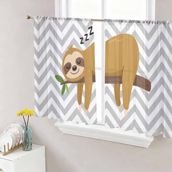 Funny Sloth Sheer Curtains 54 Inch Length 2 Panels Set Window Treatments, Cute Watercolor Animals on Branch Grey Stripe Rod Pocket Semi Curtains for Living Room/Bedroom/Kitchen Décor, 104"W x 54"L