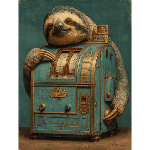 Funny Sloth Slot Machine Canvas Art, Whimsical Animal Painting, Vegas Aesthetic Quirky Home Wall Decor