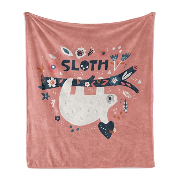 Funny Sloth Soft Flannel Fleece Blanket, Flowers Leaves Branches Happy Lazy Life Animal Tree Hugging Pattern, Cozy Plush for Indoor and Outdoor Use, 60" x 80", Coral and Multicolor, by Ambesonne