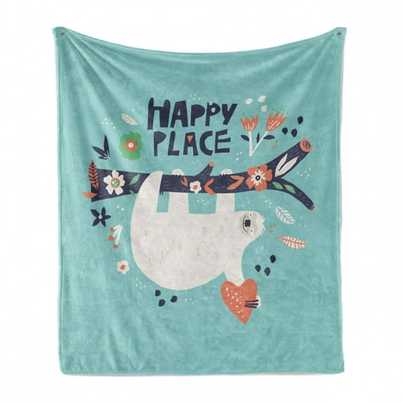 Funny Sloth Soft Flannel Fleece Blanket, Happy Place Hanging Branch Flowers Lazy Animal Cartoon Illustration, Cozy Plush for Indoor and Outdoor Use, 70" x 90", Seafoam and Multicolor, by Ambesonne