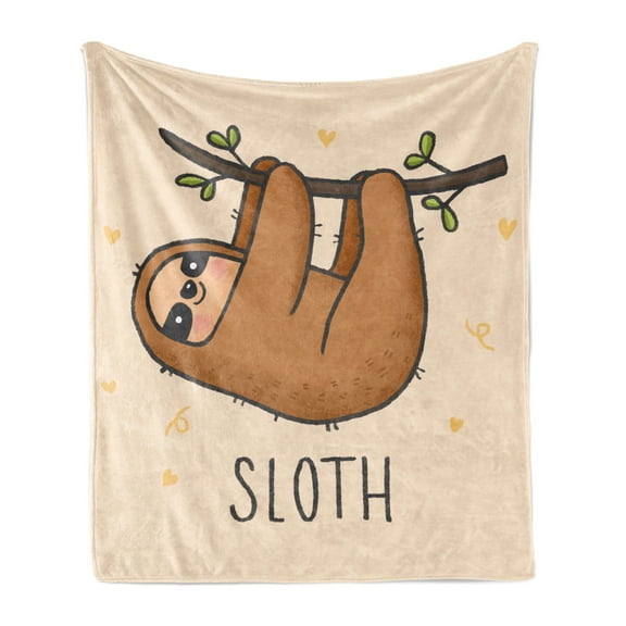 Funny Sloth Soft Flannel Fleece Throw Blanket, Lazy Animal Smiling Hearts and Leaves Branches, Cozy Plush for Indoor and Outdoor Use, 50" x 60", Champagne Persian Orange, by Ambesonne