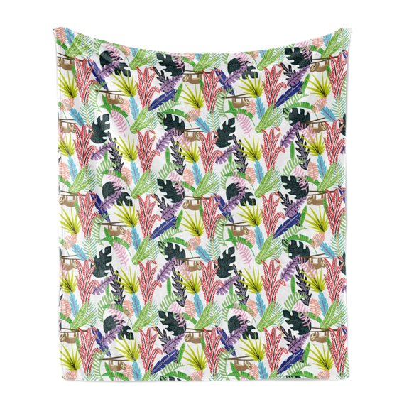 Funny Sloth Soft Flannel Fleece Throw Blanket, Repetitive Monstera and Tropical Leaves with Lazy Animal Hanging on Branches, Cozy Plush for Indoor and Outdoor Use, 50" x 70", Multicolor, by Ambesonne