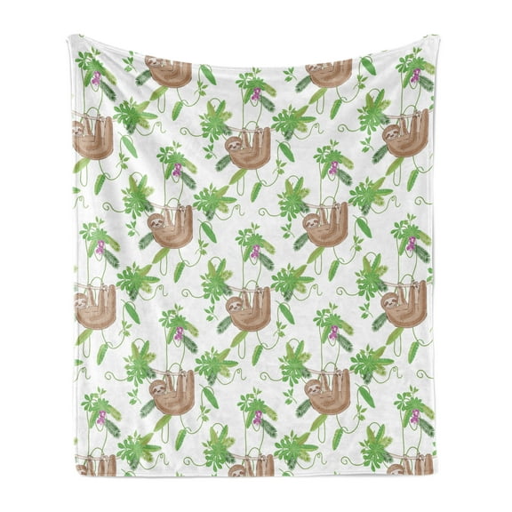 Funny Sloth Soft Flannel Fleece Throw Blanket, Rhythmic Floral Leaves Tropic Foliage Nature Print, Cozy Plush for Indoor and Outdoor Use, 60" x 80", Lime Green Umber, by Ambesonne