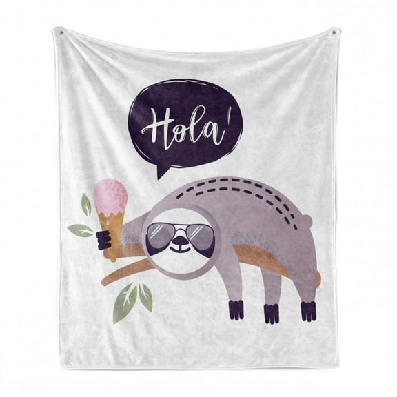 Funny Sloth Soft Flannel Fleece Throw Blanket, Speech Balloon Hola Holding Ice Cream Chilling, Cozy Plush for Indoor and Outdoor Use, 60" x 80", Purple Purple Grey, by Ambesonne