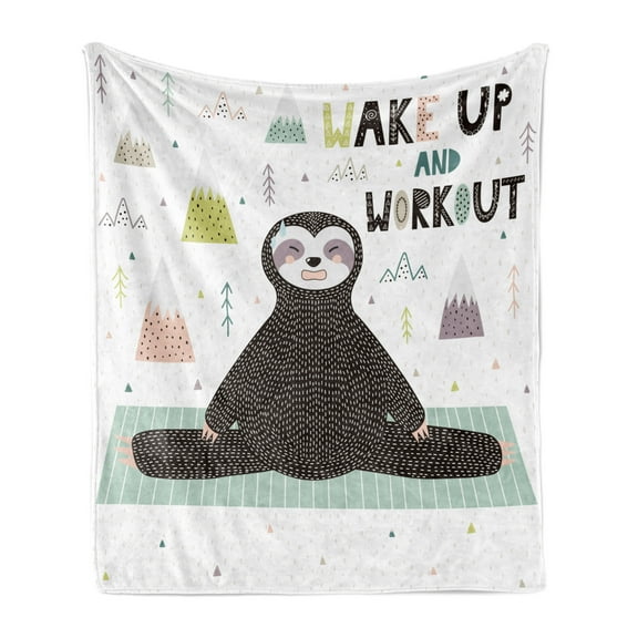 Funny Sloth Soft Flannel Fleece Throw Blanket, Wake up and Work out Lettering Morning Yoga Challenge Print, Cozy Plush for Indoor and Outdoor Use, 50" x 70", Charcoal Grey Multicolor, by Ambesonne