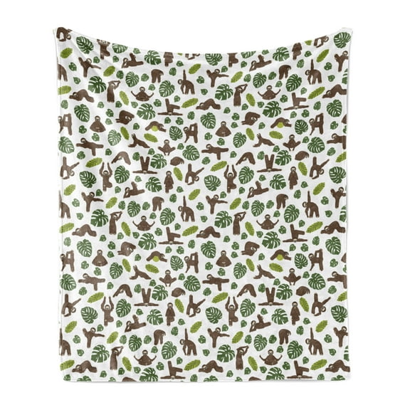Funny Sloth Soft Flannel Fleece Throw Blanket, Yoga Gymnastics Lazy Animal Print on Plain Background, Cozy Plush for Indoor and Outdoor Use, 60" x 80", Umber Olive Green, by Ambesonne