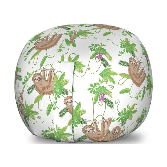 Funny Sloth Storage Toy Bag Chair, Rhythmic Floral Leaves Tropic Foliage Nature Print, Stuffed Animal Organizer Washable Bag, Small Size, Lime Green Umber, by Ambesonne