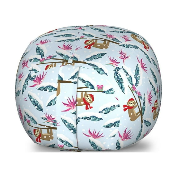 Funny Sloth Storage Toy Bag Chair, Strelitzia Flower Snowy Climate Palm Tree Leaves Rhythmic Pattern, Stuffed Animal Organizer Washable Bag, Small Size, Pale Blue Multicolor, by Ambesonne