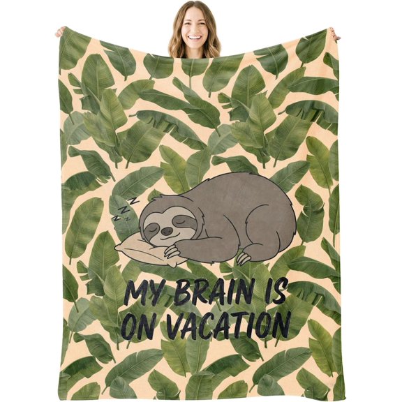 Funny Sloth Throw Blanket "My Brain is on Vacation" Sloth Birthday Gifts | Flannel Polyester Blanket, Cute Animal Gifts for Women, Men, Teens, Sloth Lovers, Introverts, Banana Leaf Decor 50x60Inc