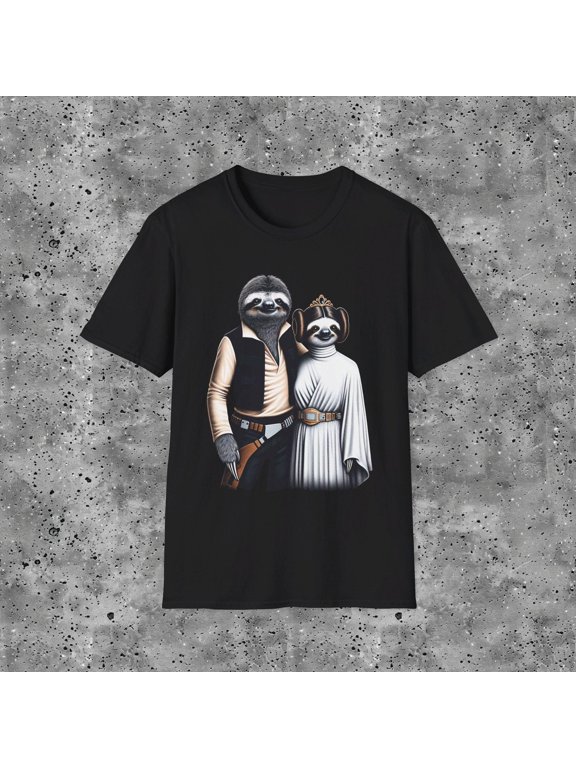 Funny Sloth Wars Parody T-Shirt | Lazy SW Couple Heroe Tee | Gift for Geek Sci Fi Movies and Series Lover | Vintage 1980s Aesthetic Shirt